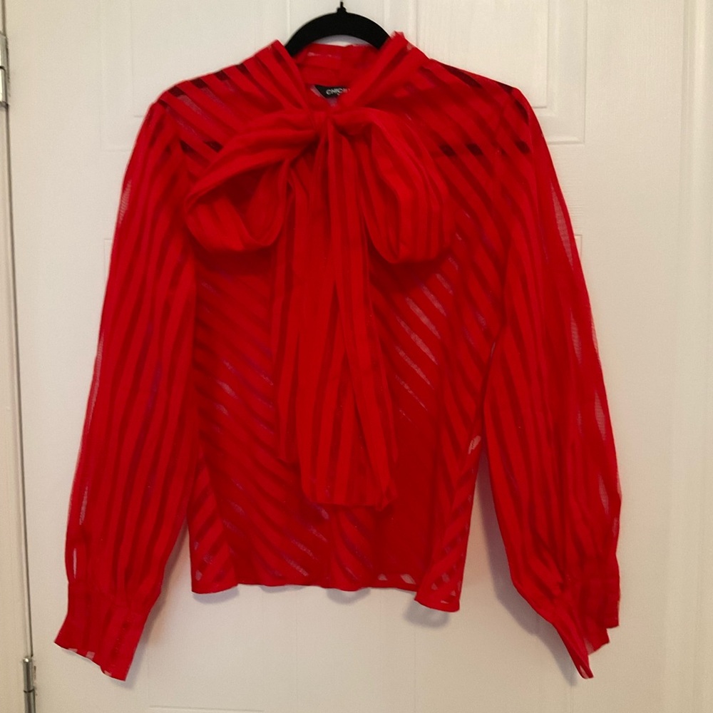 Chicme Fancy Red Bow Top Stripes Puffy Sleeves